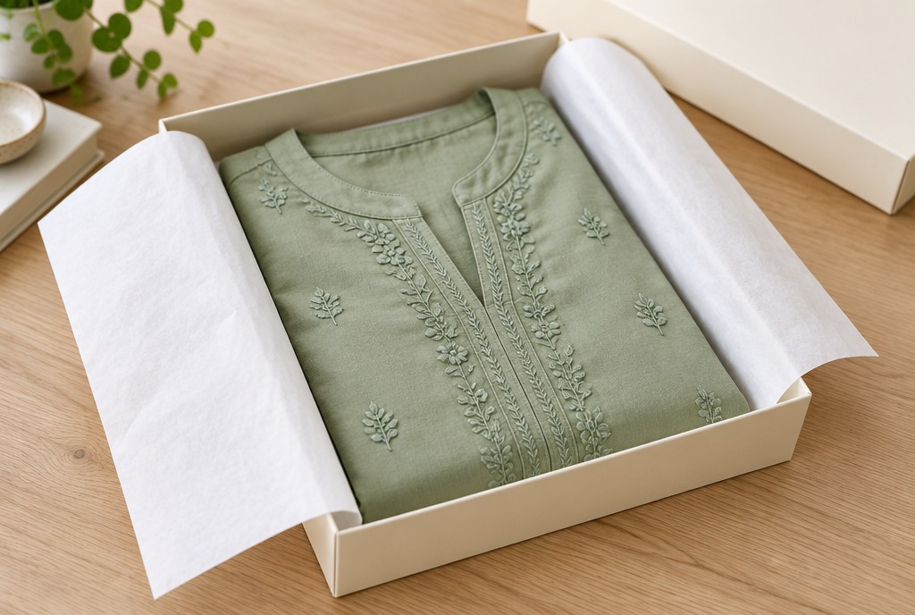 Ivory apparel box with tissue paper and a folded garment
