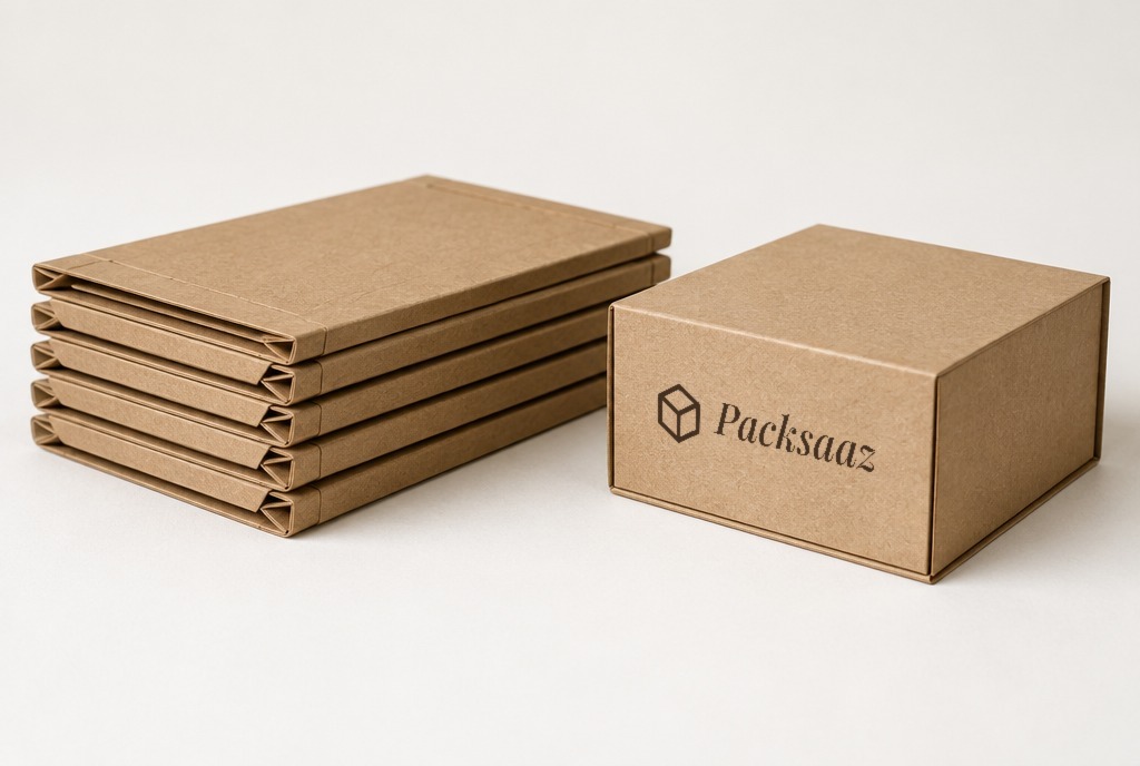 Kraft boxes folded flat in a stack beside one assembled box