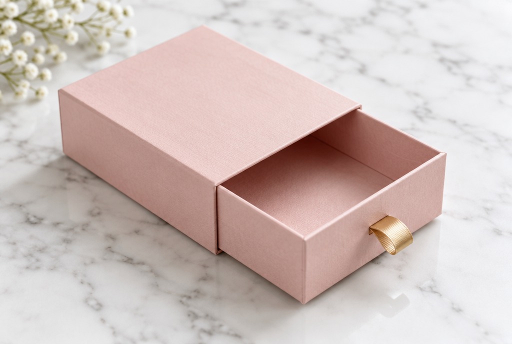 Blush pink drawer box with a gold ribbon pull