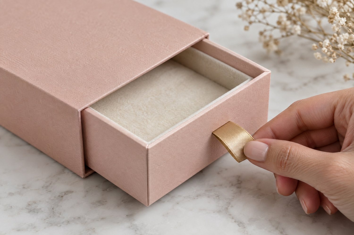 A hand pulling the ribbon tab of a blush pink drawer box