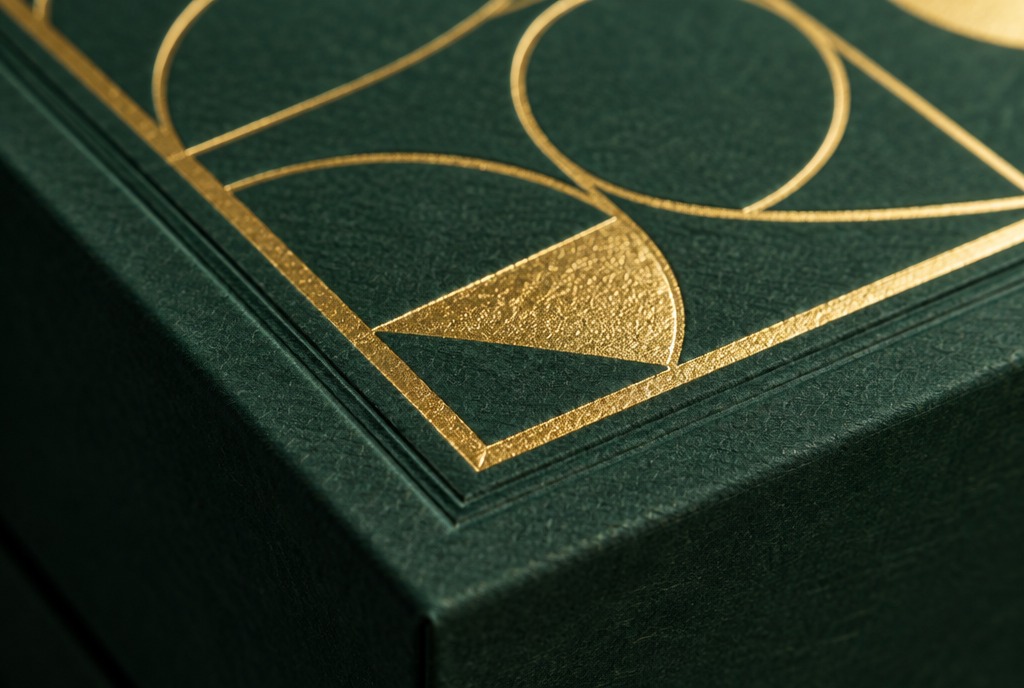 Close-up of gold foil and embossing on a green box lid