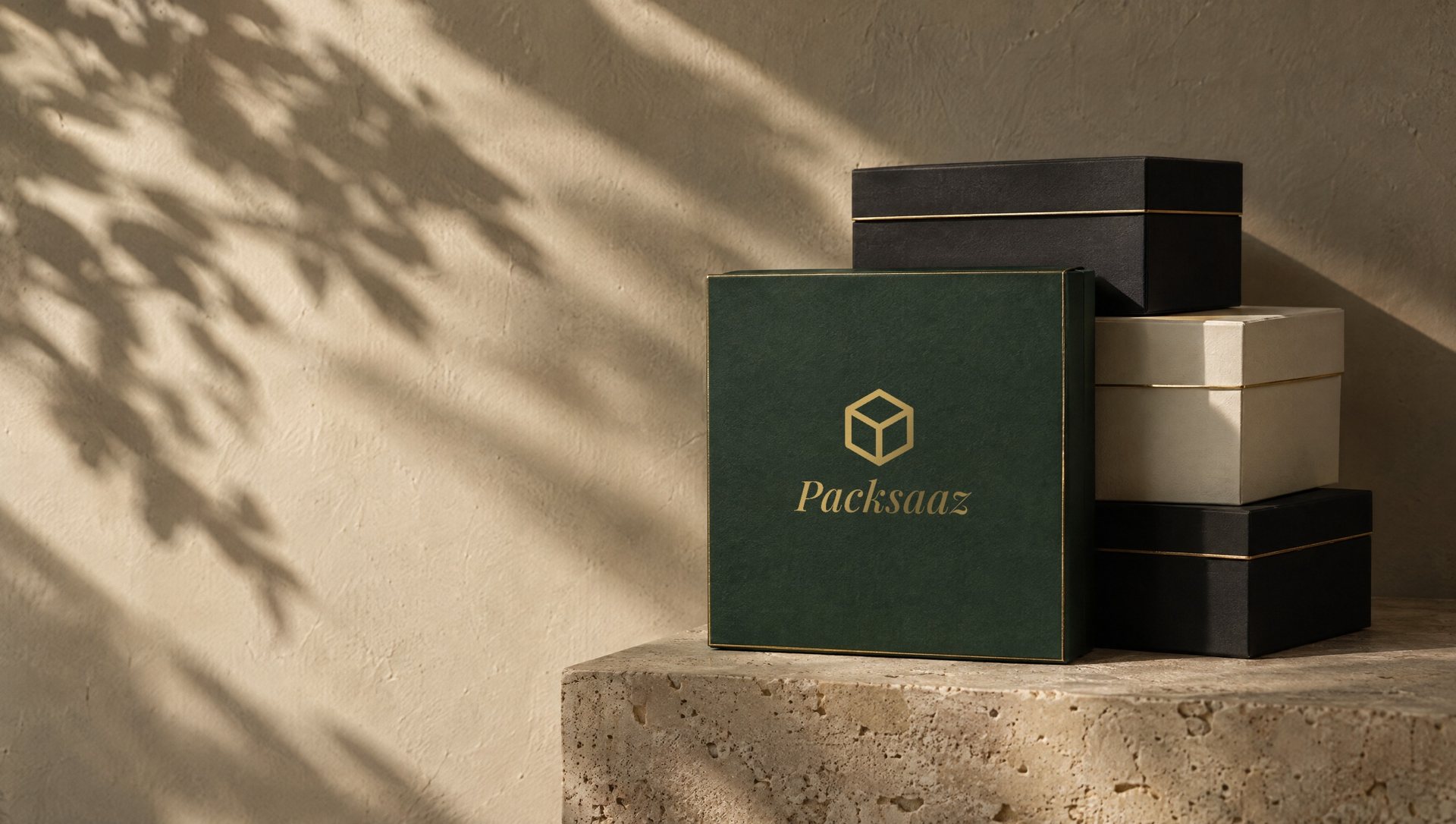 A deep green rigid box with the Packsaaz logo in gold foil, stacked with black and ivory boxes on a stone plinth