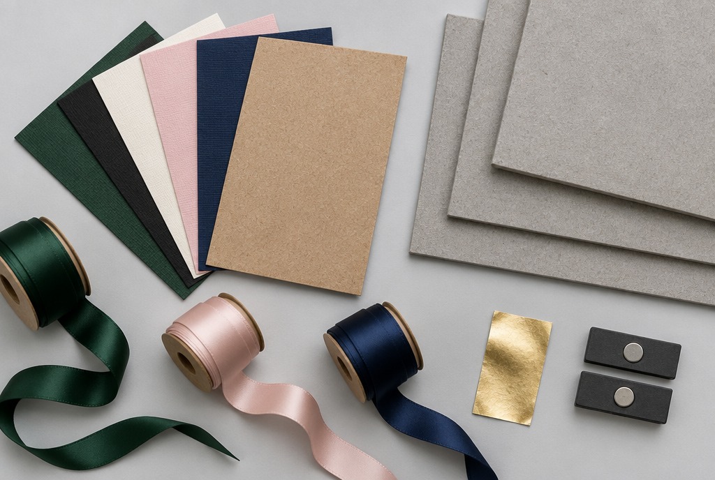 Paper swatches, greyboard, ribbon and foil laid out on a table