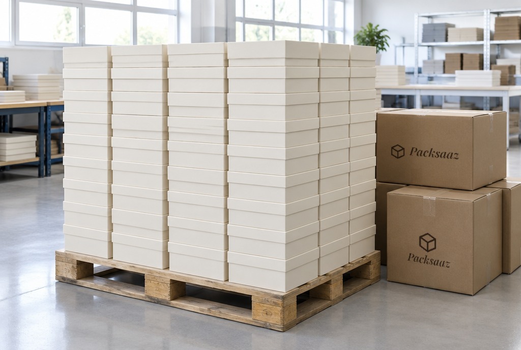 Ivory boxes stacked on a pallet ready for dispatch