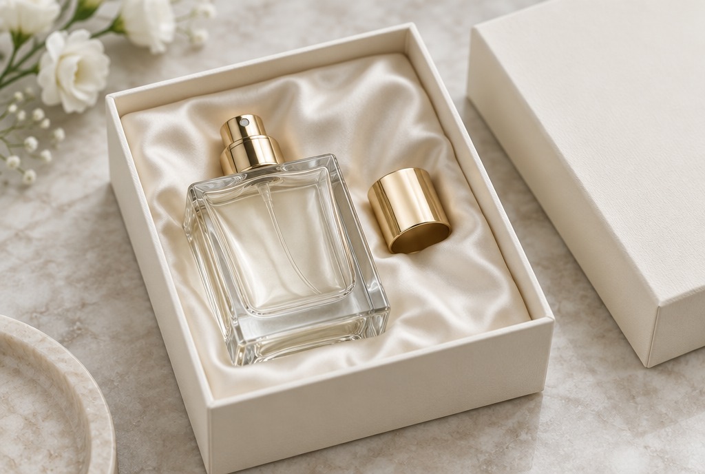 Ivory box with a satin insert holding a perfume bottle