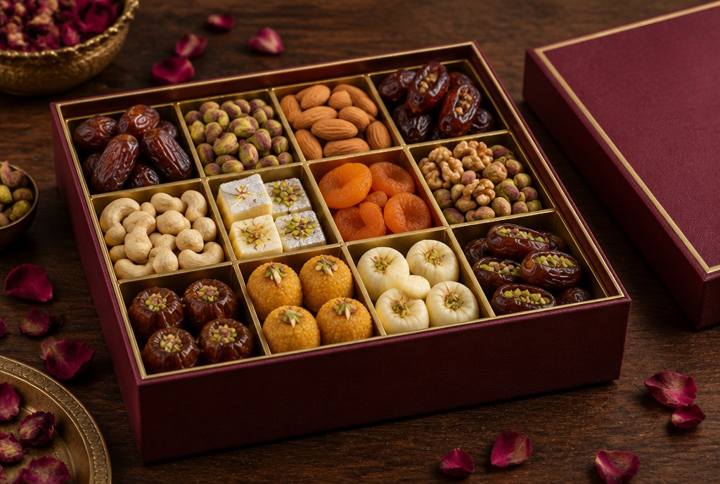 Maroon gift box with compartments of dates, nuts and sweets